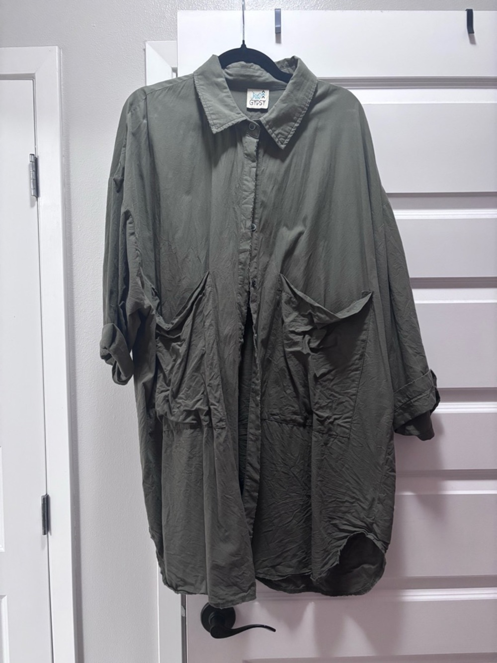 Jaded Gypsy Olive Green Oversized Button-Up Shirt Jacket Artist Smock